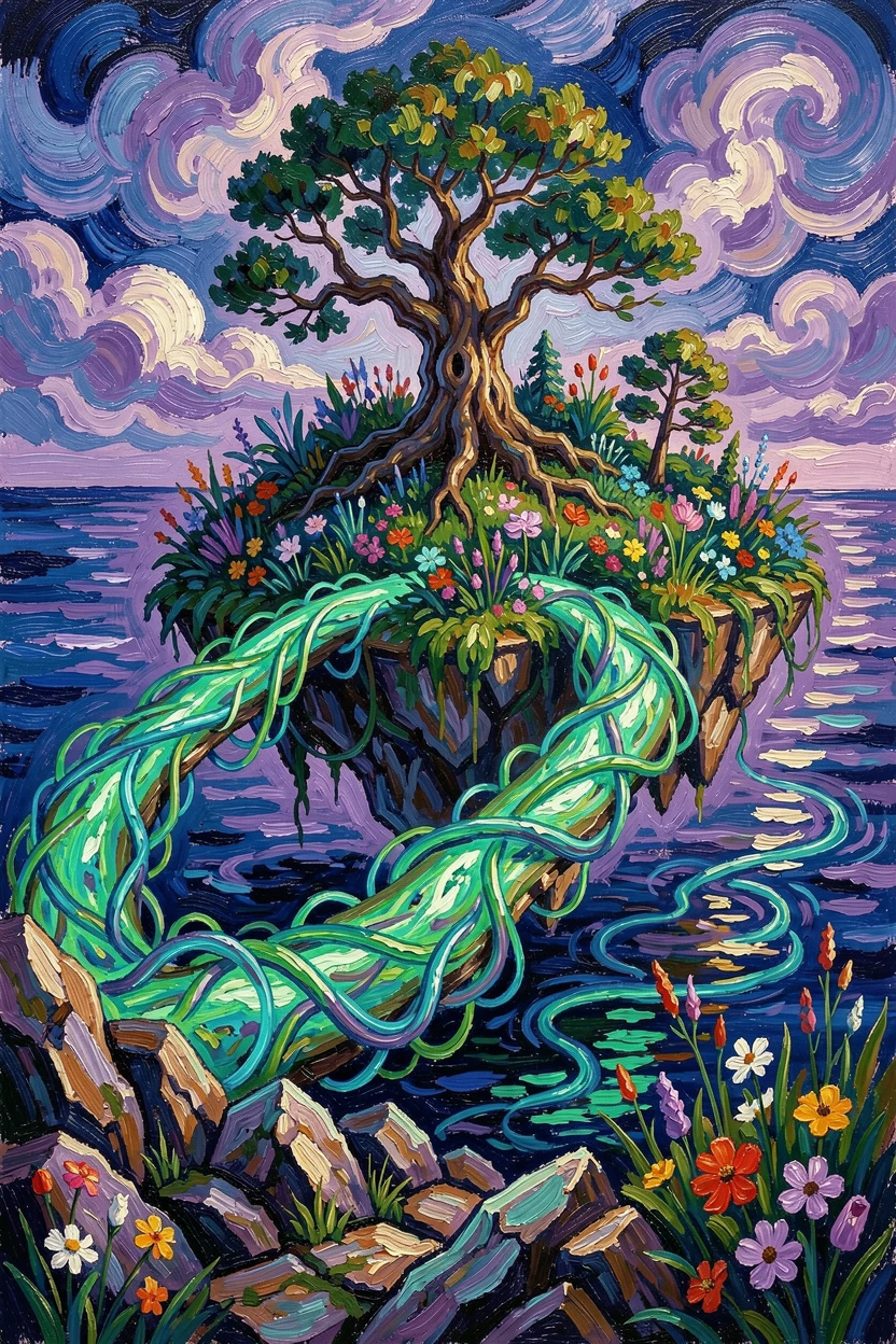 A floating island connected to the mainland by a bridge of glowing vines.