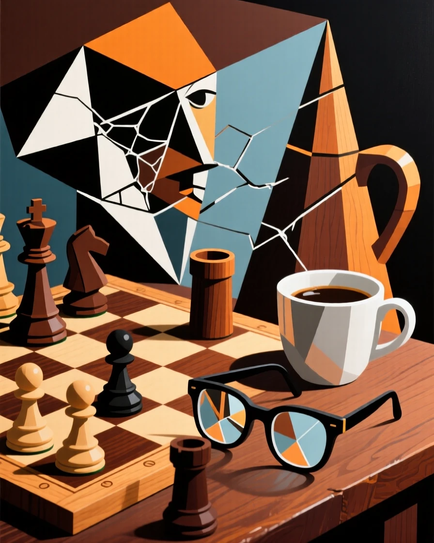 A wooden chessboard mid-game beside a cup of coffee and reading glasses.