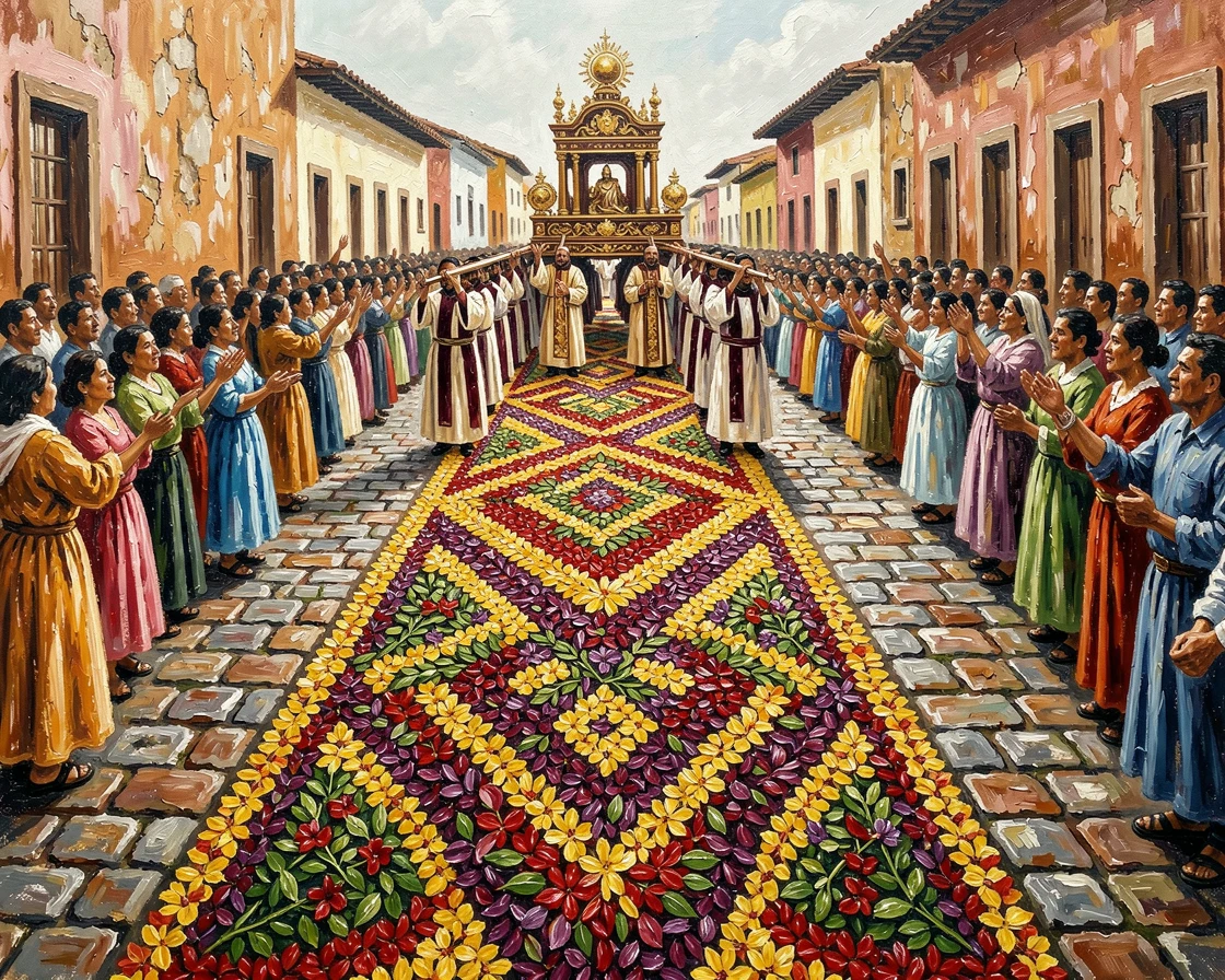 A traditional Guatemalan Semana Santa procession shows elaborate flower carpets covering cobblestone streets ahead of a religious parade, the surrounding crowd adding energy and movement to the edges of the composition.