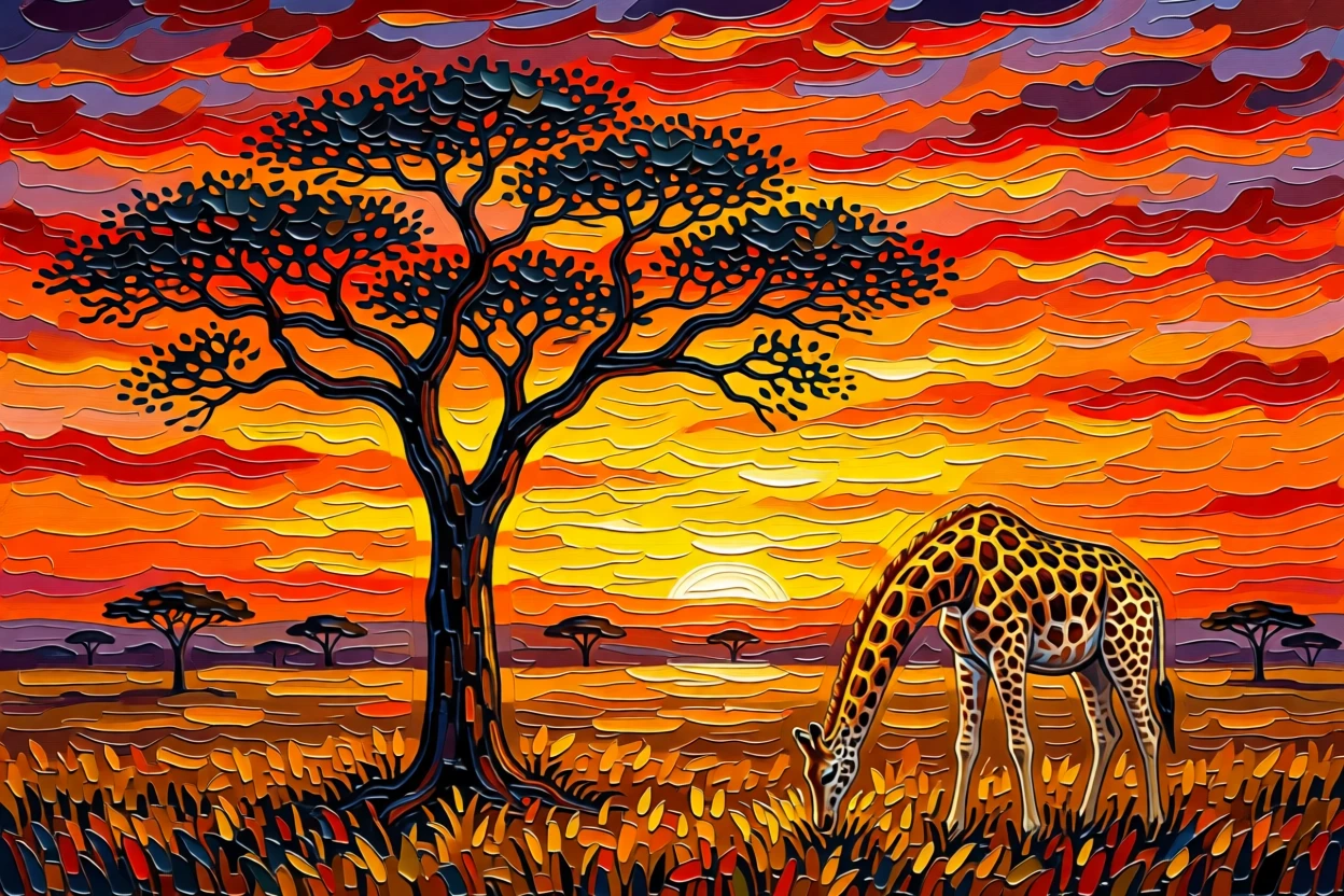 A lone acacia tree silhouetted against a fiery African sunset with a giraffe grazing nearby