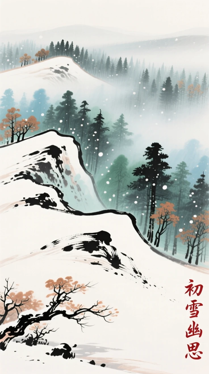 A mist-covered ridge line at the edge of a vast forest, touched with gentle melancholy, under the first snow of winter.
