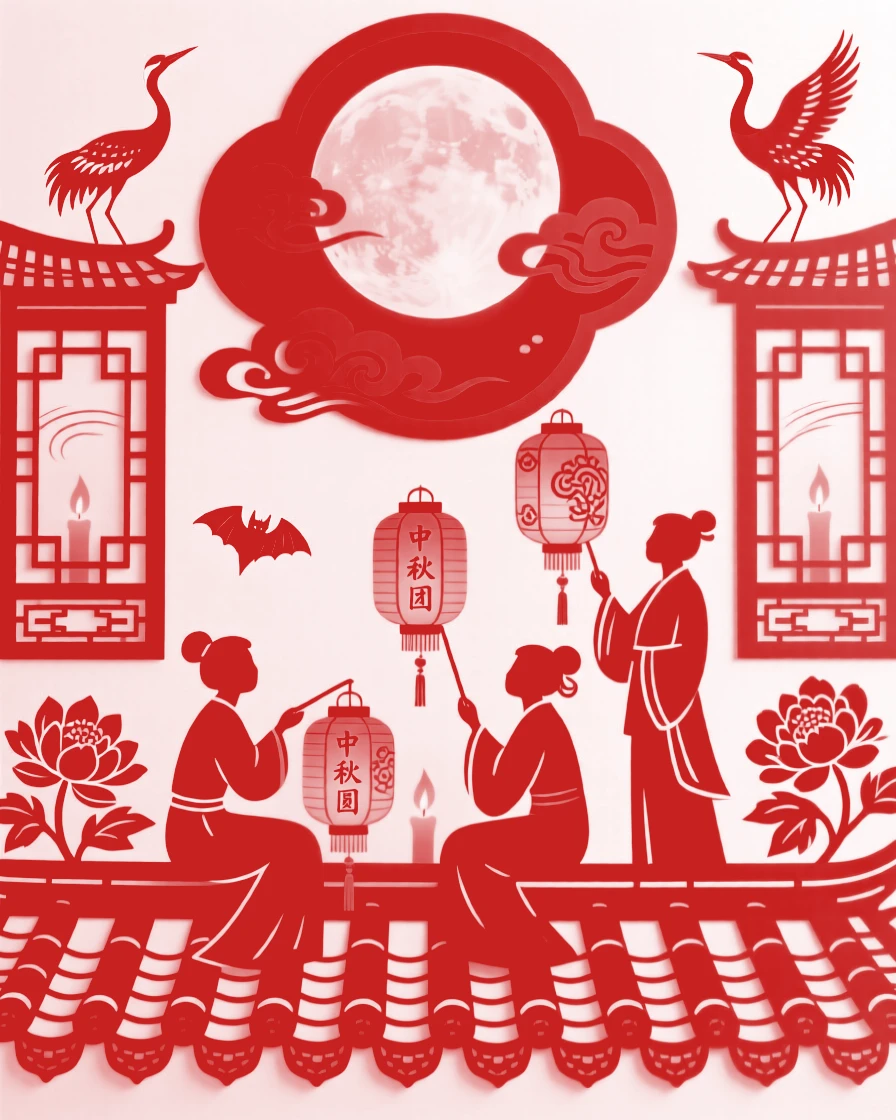 A scene of a rooftop moon-viewing gathering, filled with the warm glow of hundreds of lanterns, with the glow of candlelight reflected in every window.