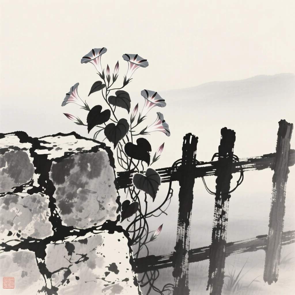A cluster of morning glories on a fence growing from a crack in an old stone wall, set against a soft gradient of misty background, celebrating the fleeting beauty of the season.