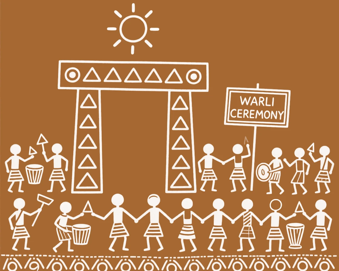 A composition centered on a ceremonial gateway gathered around by the entire village community.