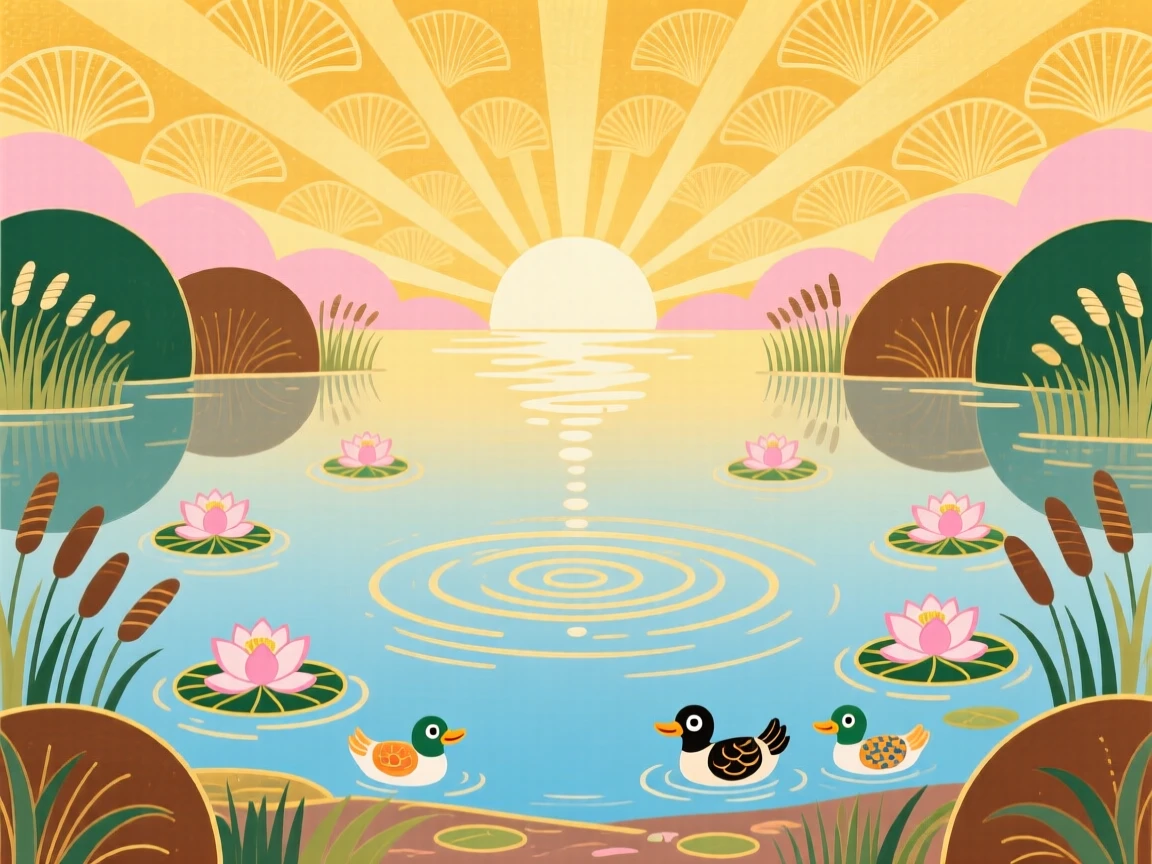 A still lake, as golden light spreads across the sky at dawn.