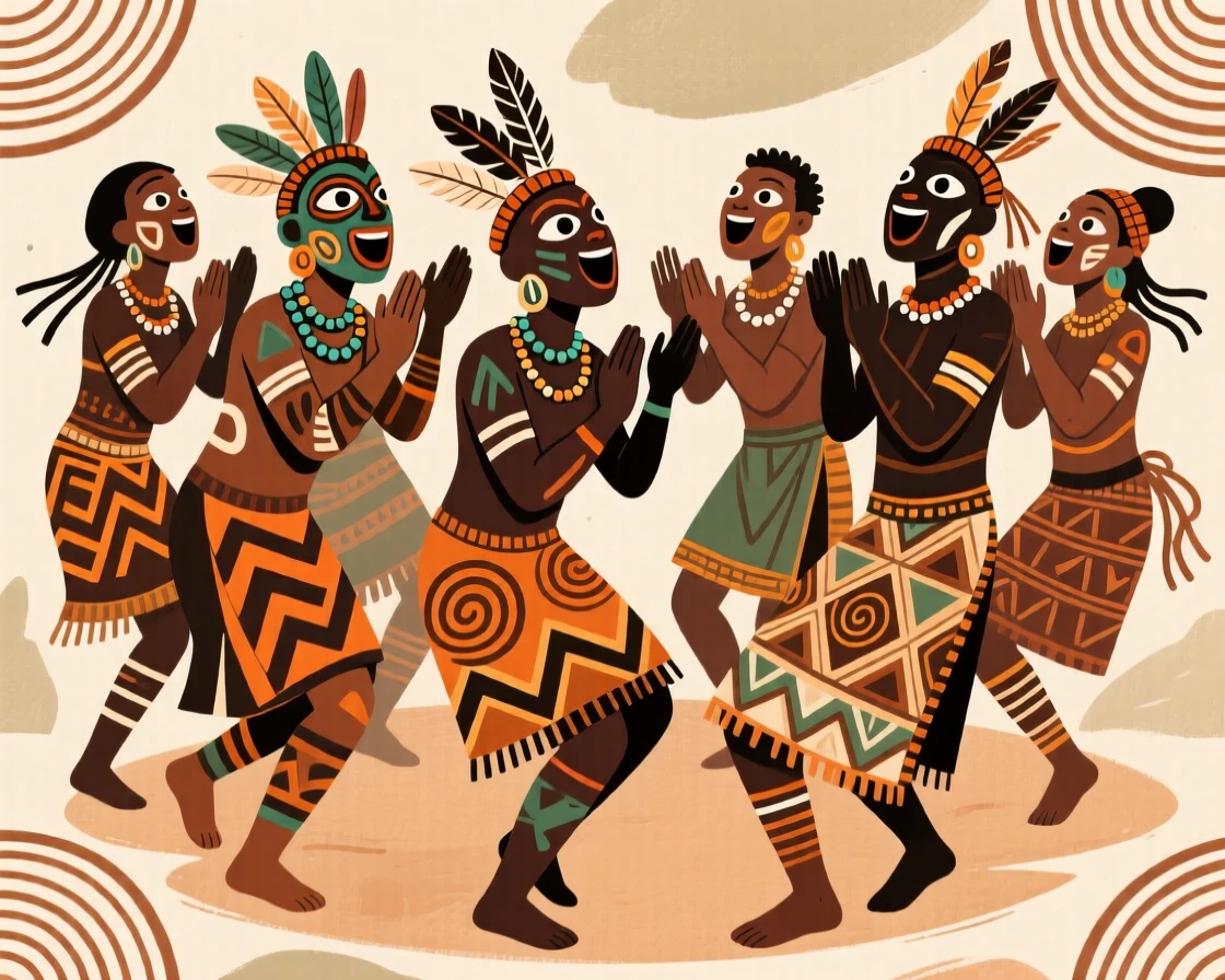 A circle of dancers clapping and chanting together.