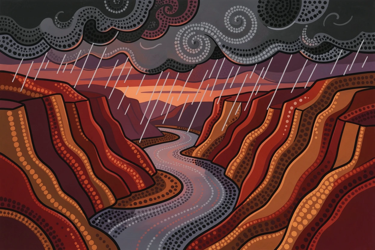A crimson canyon at dusk during a dramatic storm