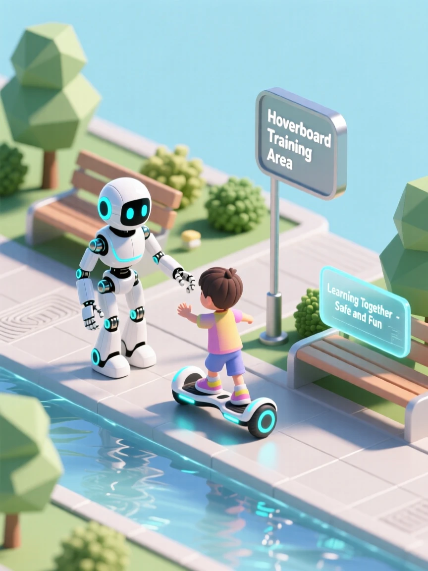 A robotic companion teaching a child to ride a hoverboard in a sunlit futuristic park.