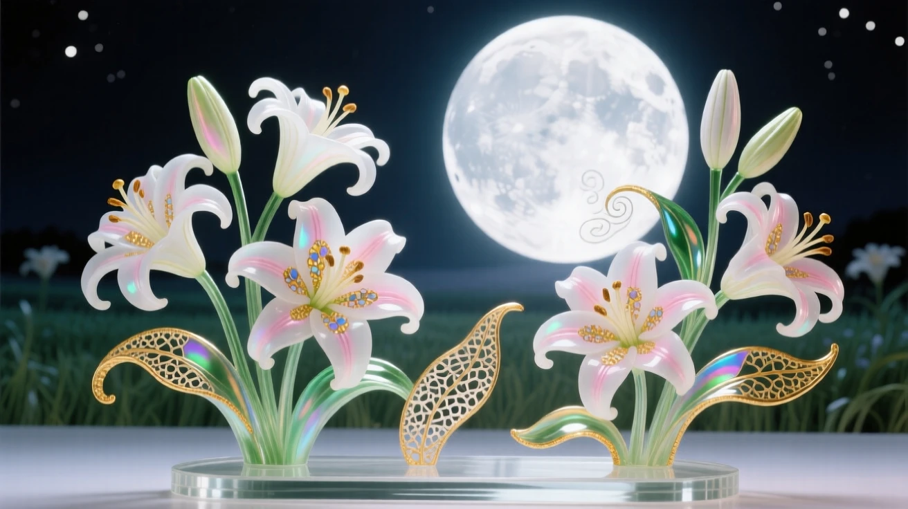 A field of blooming lilies glowing softly beneath a full moon at midnight, serene and pure.