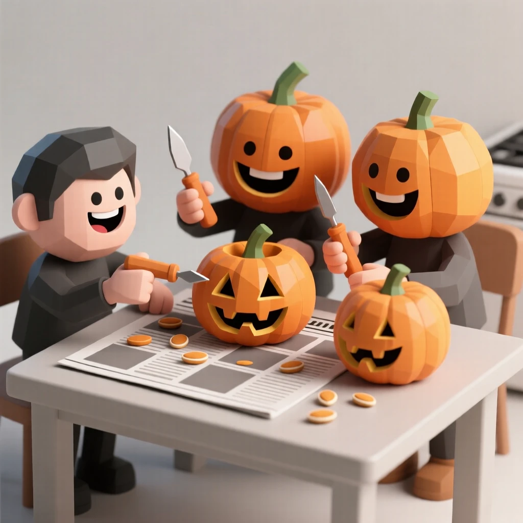 A cheerful group carves pumpkins together at a kitchen table covered in newspaper and seeds.