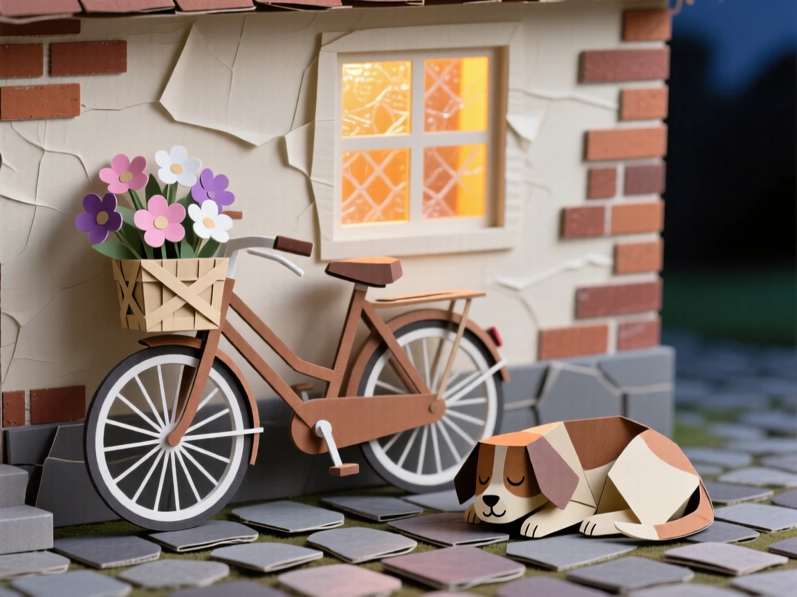 A flower-covered bicycle leaning against a cottage wall glowing warmly in the evening, with a content pet curled up close by, evoking peaceful simplicity and comfort.