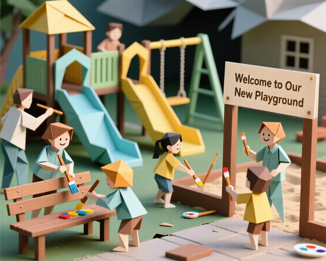 A community rebuilding a playground destroyed by a storm, children helping paint benches.