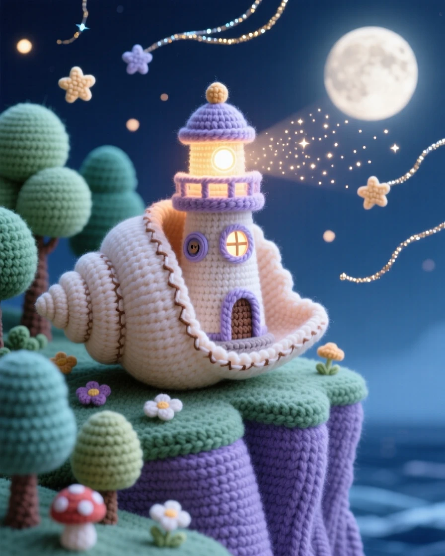 a tiny lighthouse built inside a giant conch shell, with a softly glowing beacon, is shown perched on a moonlit cliff, nestled within a softly glowing forest, surrounded by a scattering of stardust in the air, radiating gentle magical wonder.