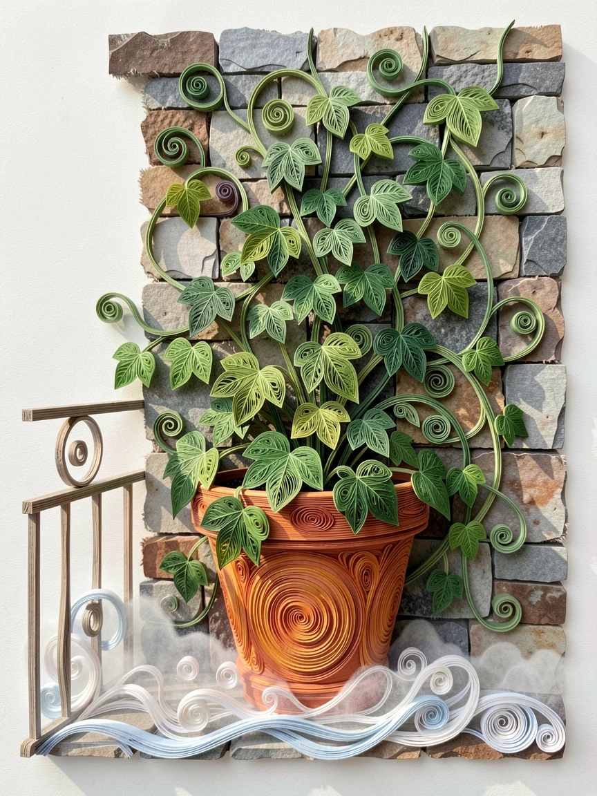 A serene botanical study of a tangle of wild ivy climbing a stone wall in a terracotta pot on a sunny balcony, under a light mist rising from the ground, spread across the frame in a lush, full composition.