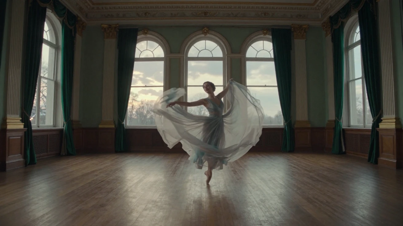 A dancer in flowing fabric caught mid-spin in an empty ballroom, in the pale light just before sunrise, under scattered clouds, in the depths of winter, with deep emerald greens and browns, from a slightly elevated vantage point.