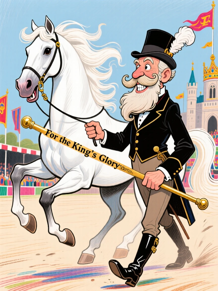 A royal stable master training a magnificent white stallion for the king's parade.