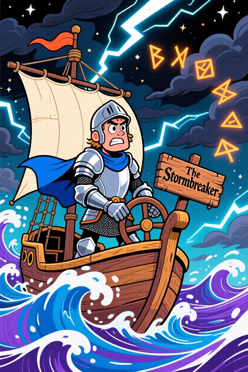 An imaginative fantasy scene of a brave knight steering a ship through a swirling magical storm, as ancient runes glow softly nearby.