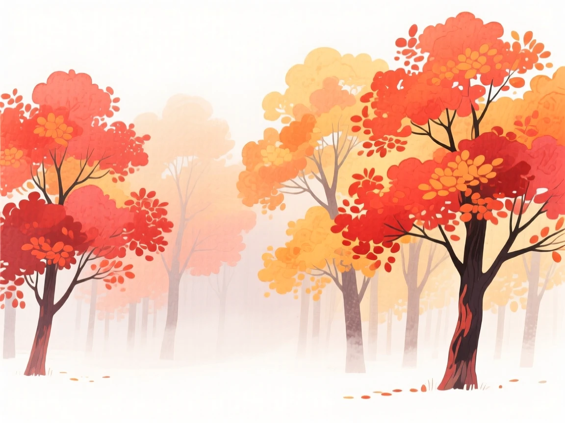 A serene landscape of an autumn forest ablaze with red and orange leaves wrapped in gentle mist