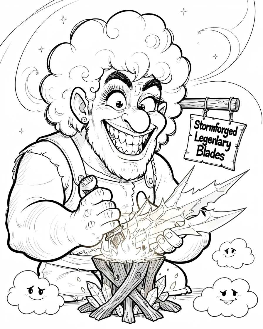 [Fantasy & Imaginative Scenarios] Imaginative fantasy scene of a mischievous cloud giant forging a legendary enchanted blade, brimming with wonder