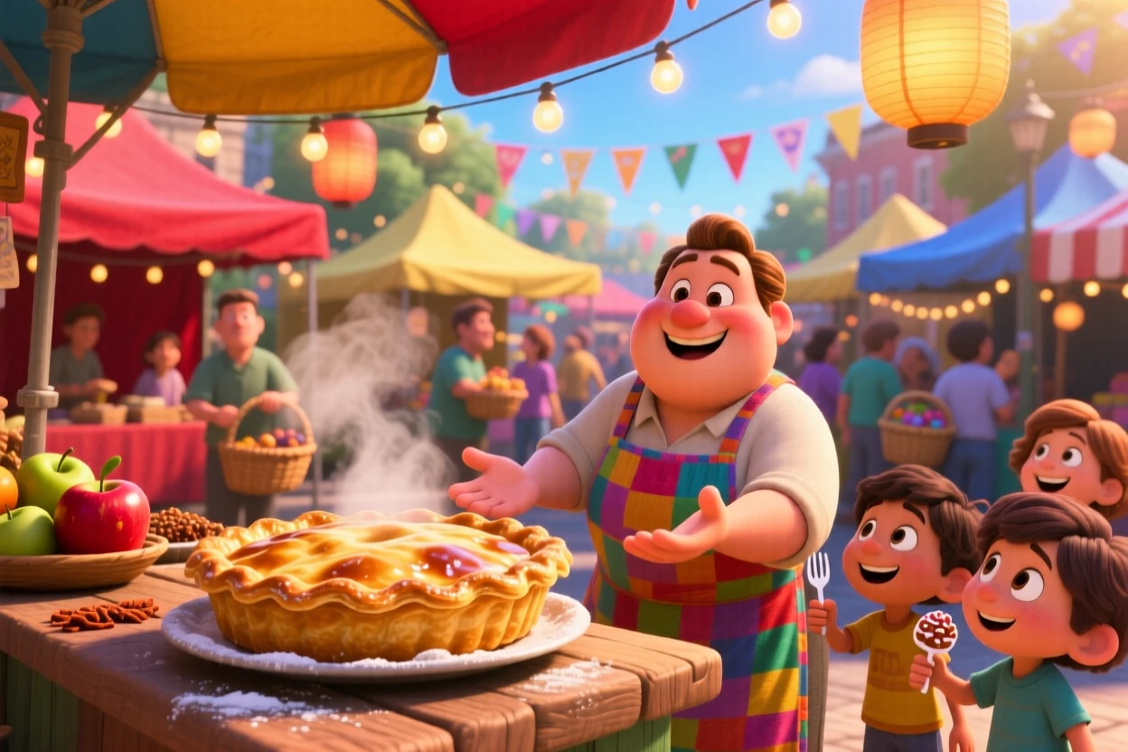A golden-crusted apple pie sits at a bustling street food market stall, with sunlight catching the glossy glaze. The mood is festive and appetizing.