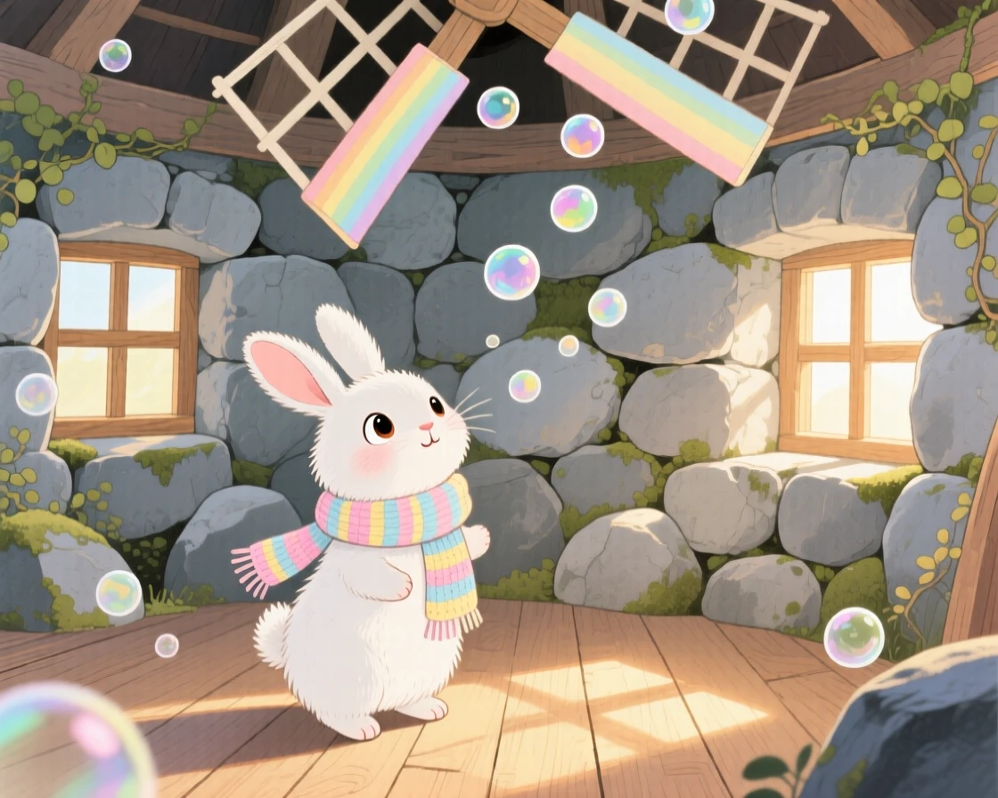 A curious bunny is wearing a tiny knitted scarf in an old stone windmill, as tiny bubbles float upward.
