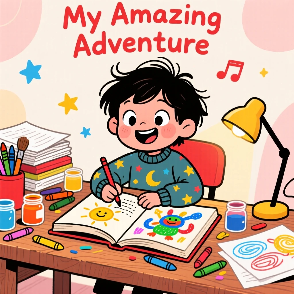 A child writing their own storybook at a cluttered desk.