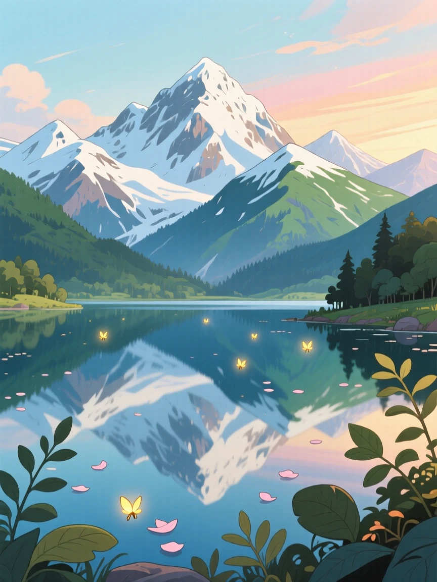 A stunning view of a dramatic mountain range capped with fresh snow, reflected perfectly on a mirror-still surface below.