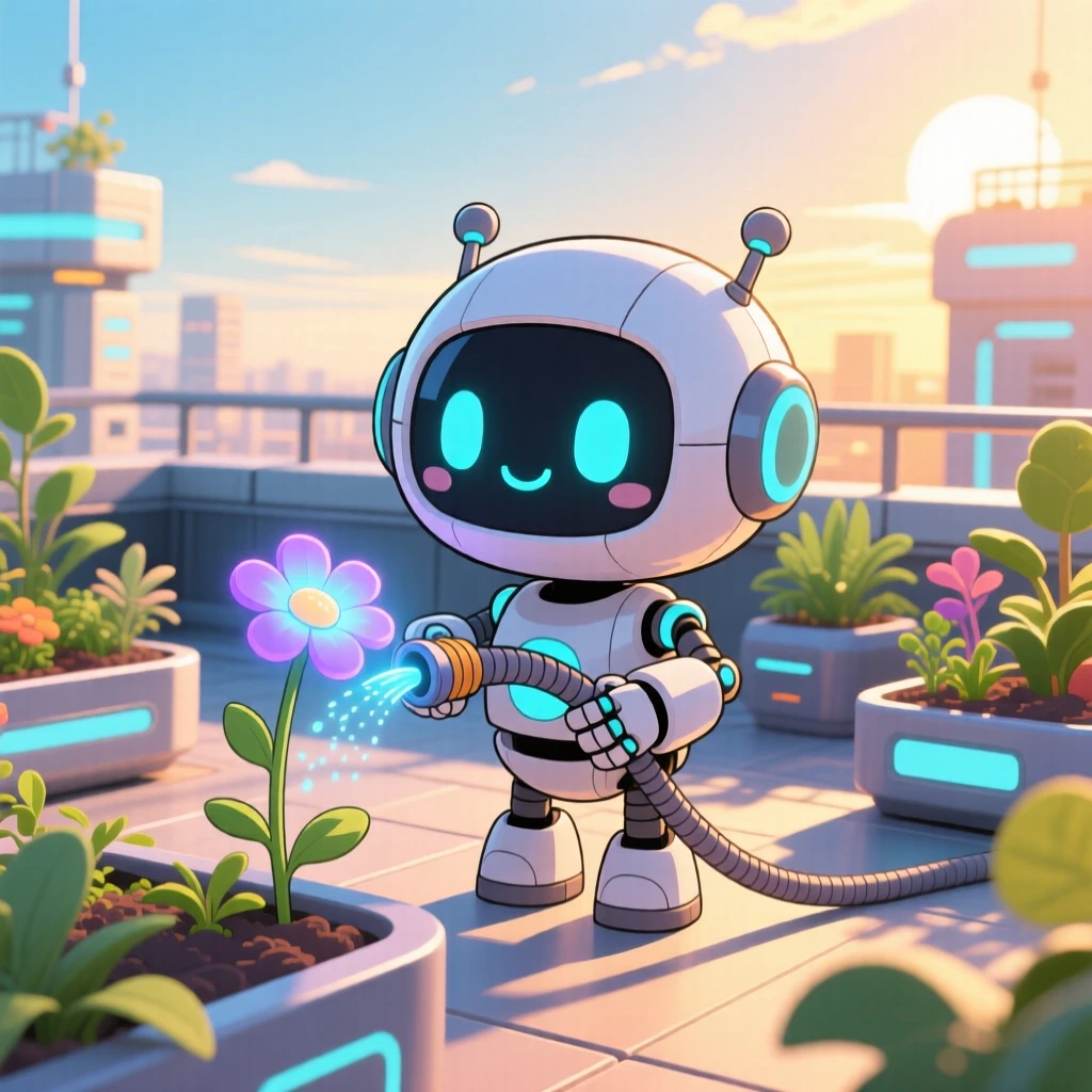 A small round robot watering a glowing flower with a tiny hose, framed as a full-body shot within a futuristic rooftop garden, under a clear summer sky, glowing under soft golden-hour sunlight, evoking triumphant pride.