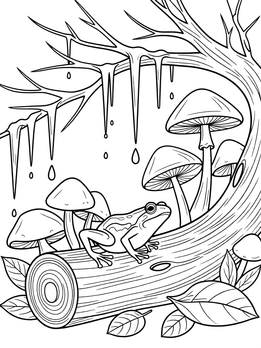 A dart frog nestled in a hollow log surrounded by mushrooms, with icicles hanging from nearby branches.