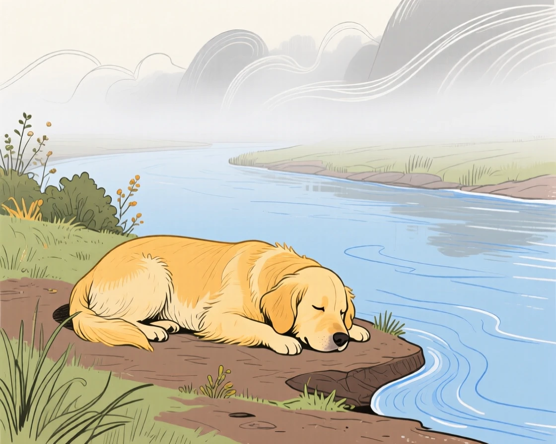 A golden retriever napping along a quiet riverbank as fog rolls in.