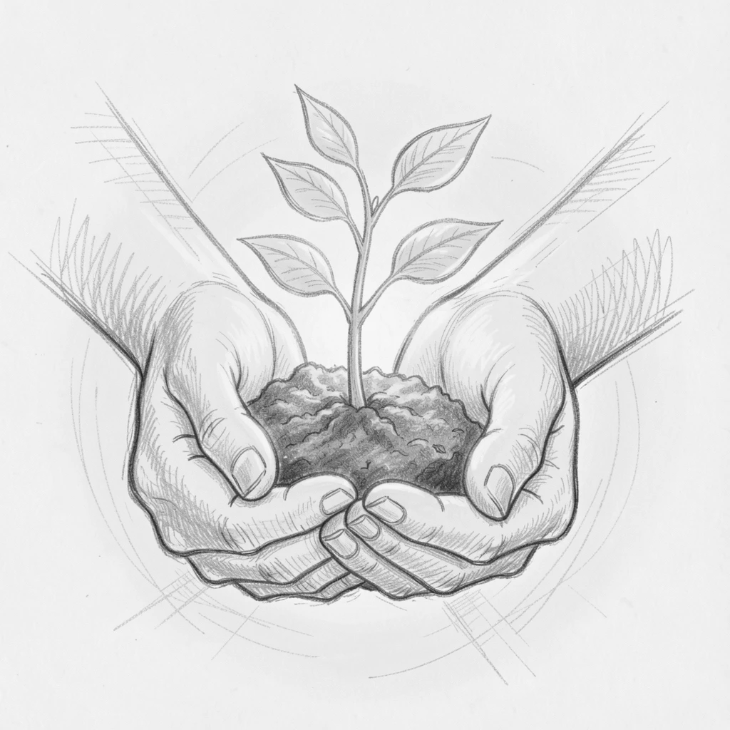Hands cupped together holding a small sapling, surrounded by soft golden light, offering a feeling of quiet gratitude.