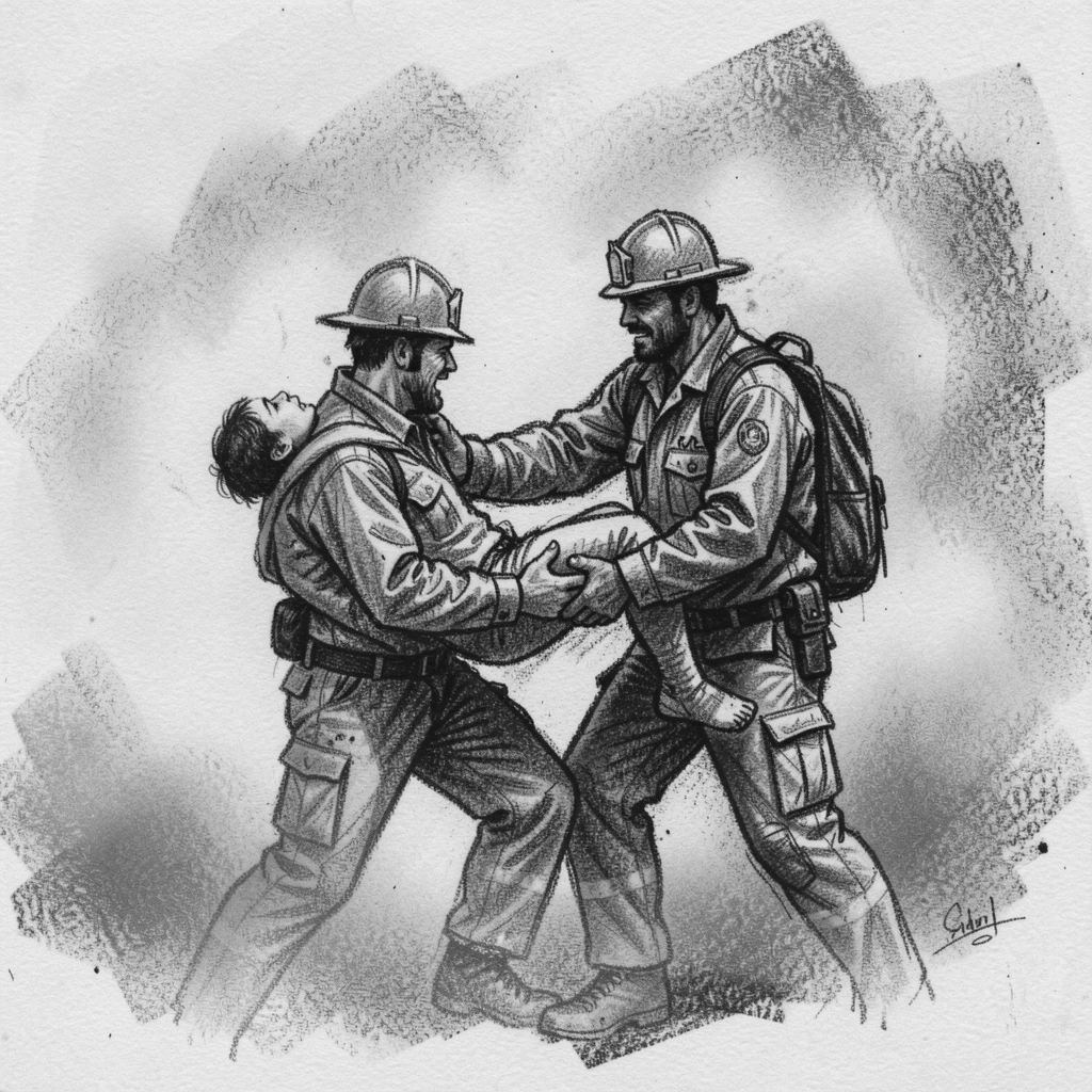 A rescue worker carrying a survivor to safety, with a gentle mist rolling through the background.