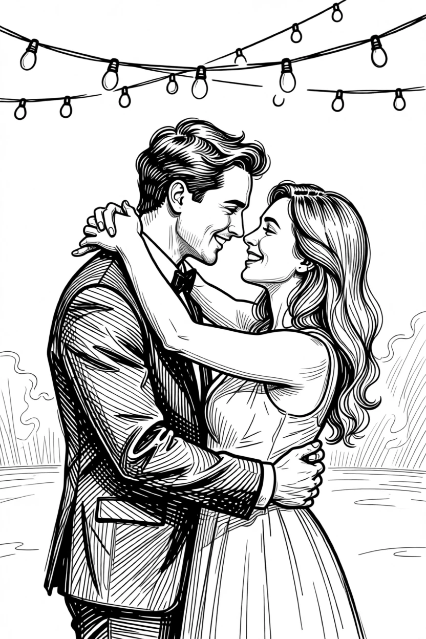 A joyful engagement celebration with a couple embracing beneath fairy lights.