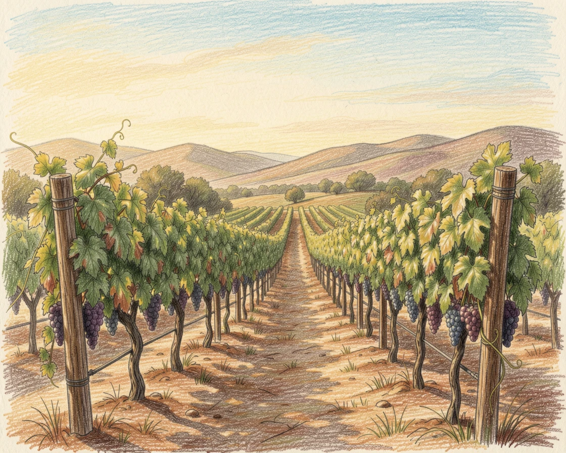 A Napa Valley vineyard bathed in soft golden afternoon light, with rich, inviting textures throughout the scene, radiating comfort, joy, and quiet beauty.