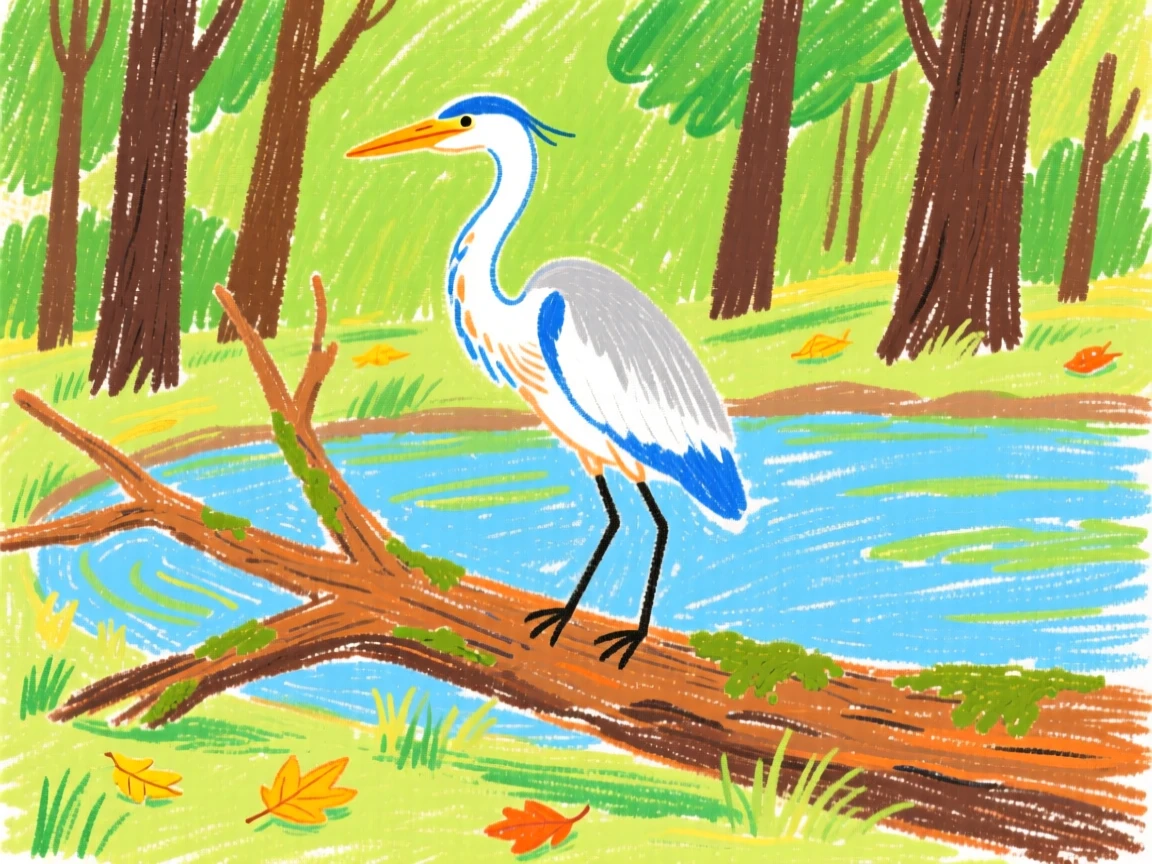 A heron perched on a fallen branch beside a forest pond.
