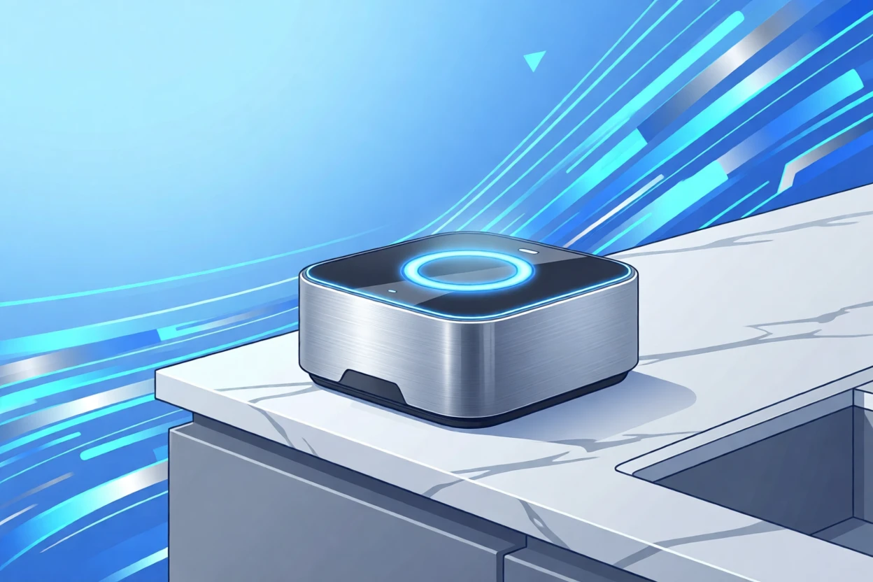 A smart home hub glowing softly on a kitchen counter, set against a backdrop of soft ambient blue light, composed with dynamic diagonal lines suggesting motion, with sleek metallic textures catching soft light.