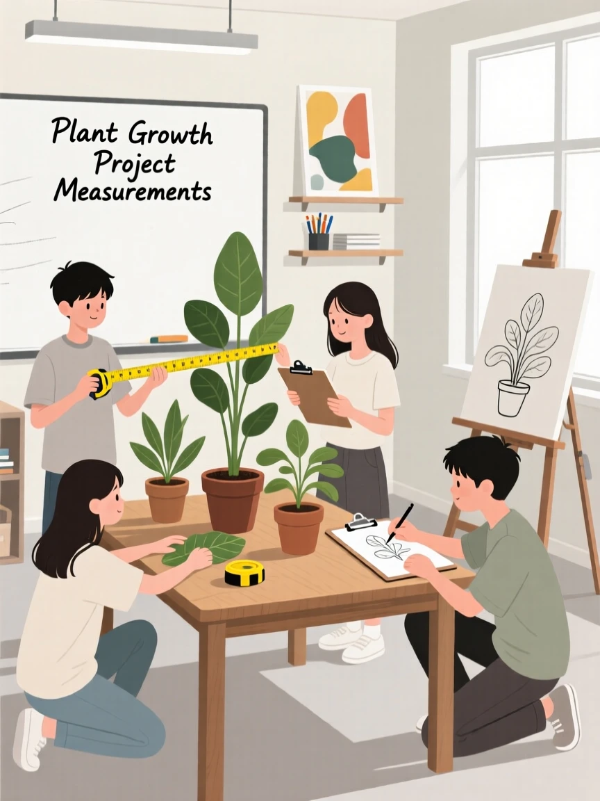 A group of students measuring plants they grew in an art classroom.