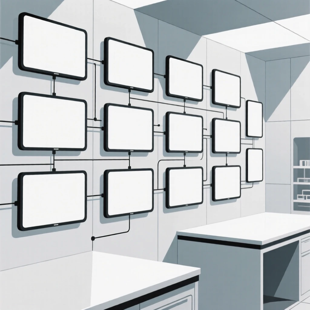 A view of wall of interconnected screens operating within a high-tech laboratory, near clean geometric surfaces, evoking precise engineering.