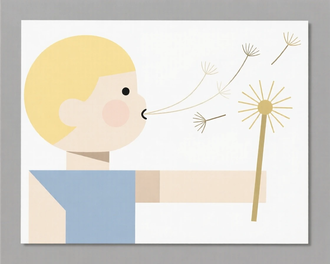 A young child blowing dandelion seeds into the wind
