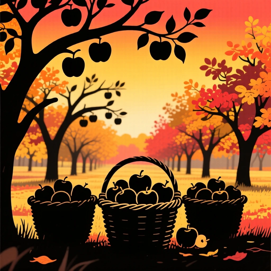 A quiet autumn orchard with baskets full of freshly picked apples.