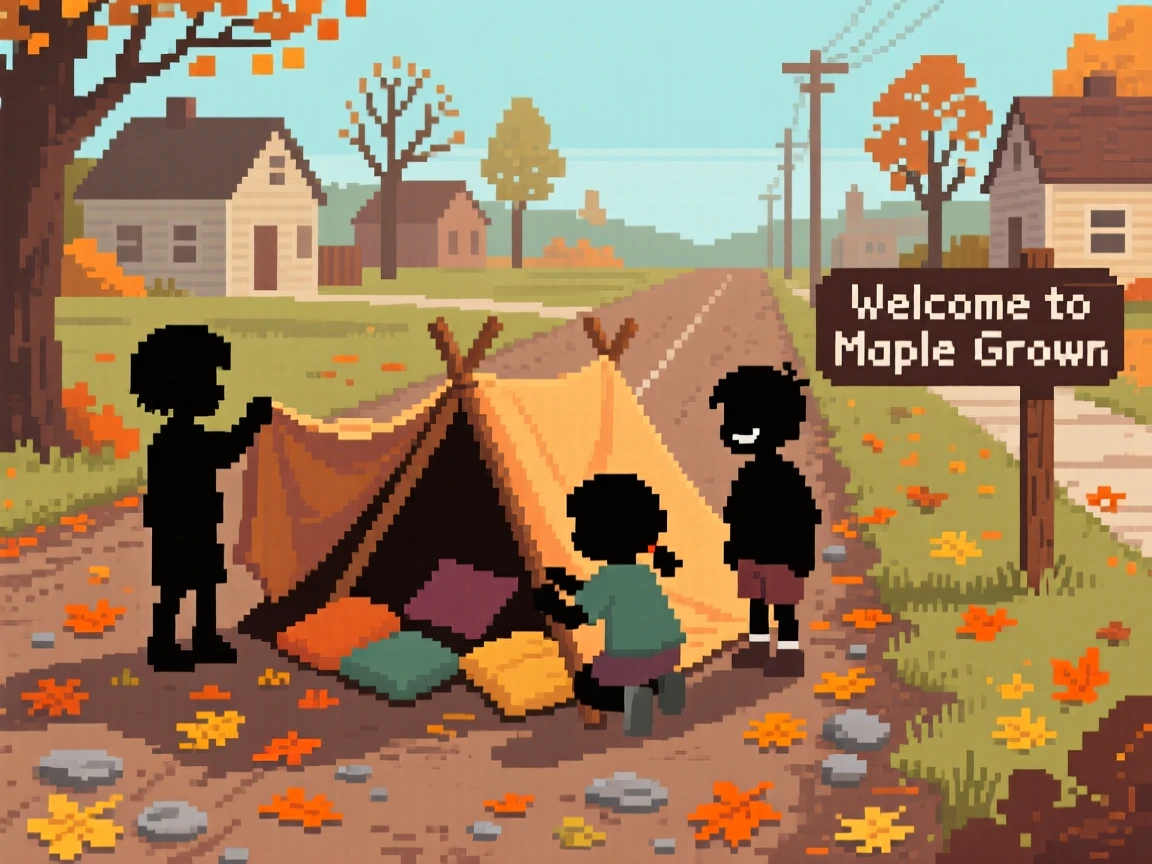 A group of children building a blanket fort surrounded by fallen leaves on a quiet street, along a dirt road leading out of town.
