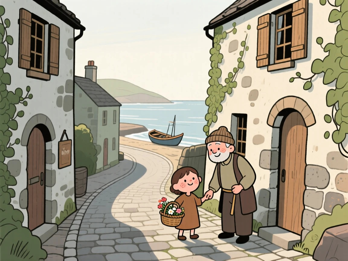 A narrow winding street winds through a small coastal fishing village lined with stone cottages and climbing ivy, quiet in the early morning light.