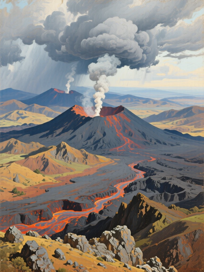 A bird's-eye view of a volcanic landscape with steam rising from distant peaks, in Andalusia, beneath heavy grey storm clouds.