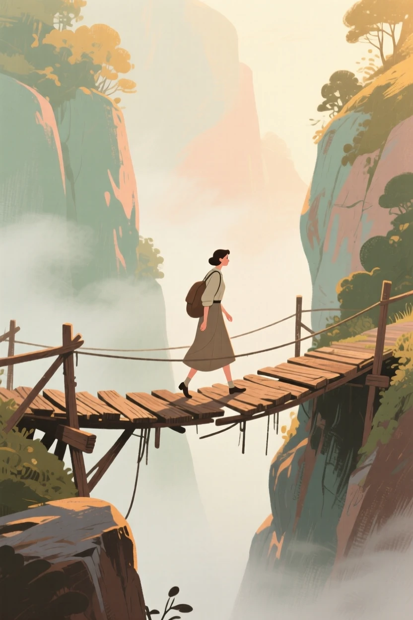 A traveler crossing a rickety wooden bridge above a misty ravine
