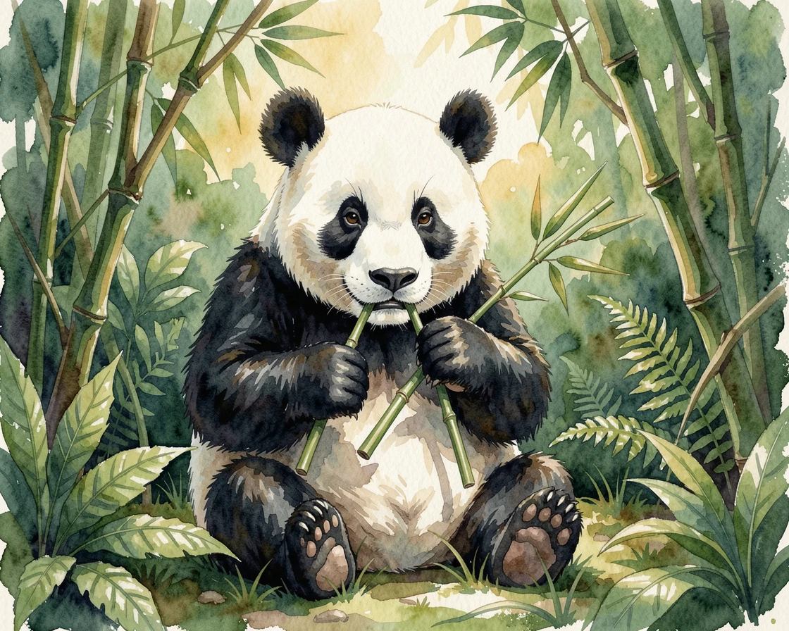 A panda eating bamboo in a lush jungle clearing looking curiously at the viewer.