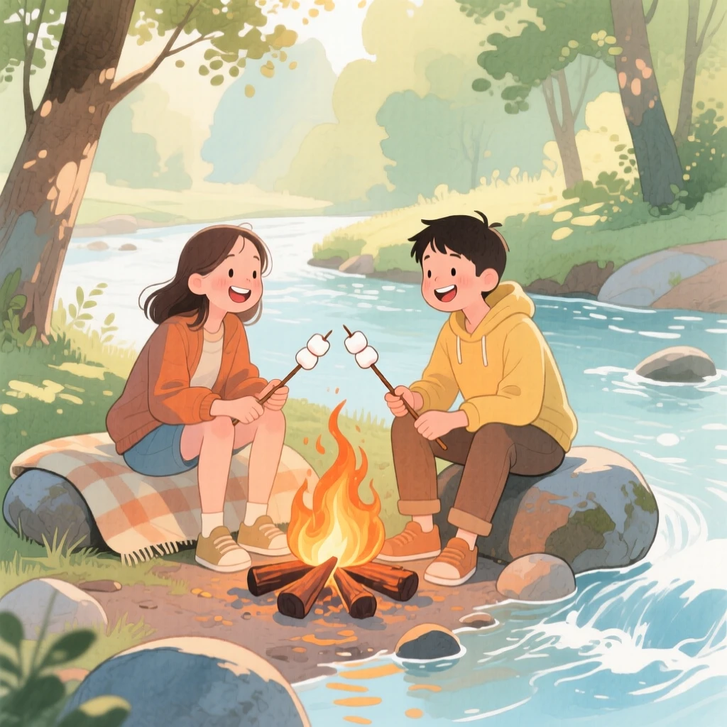 A pair of best friends roasts marshmallows over a campfire near a babbling brook, laughter and joy filling the warm afternoon air