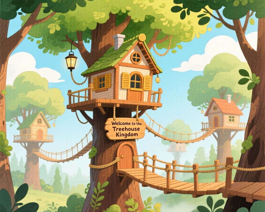 A wondrous view of a kingdom of treehouses connected by wooden walkways.