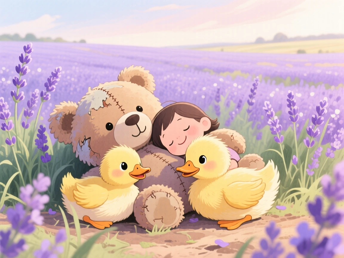 A family of ducklings resting its head on a favorite worn-out teddy bear, set in a lavender field stretching to the horizon, radiating pure innocent joy.