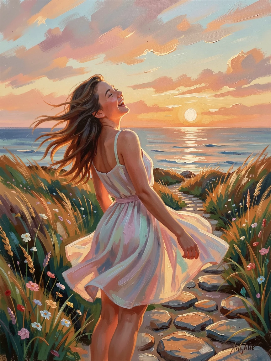 A young woman laughing joyfully with her head tilted back, along a windswept coastal path, a quiet moment of reflection, at golden hour, the light warm and glowing.
