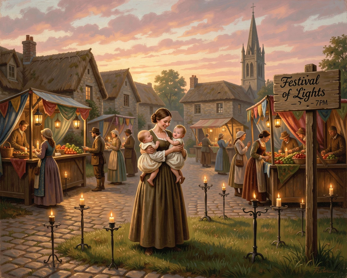 A mother and her baby plays together near a festival in the village square as candles are lit for the evening.